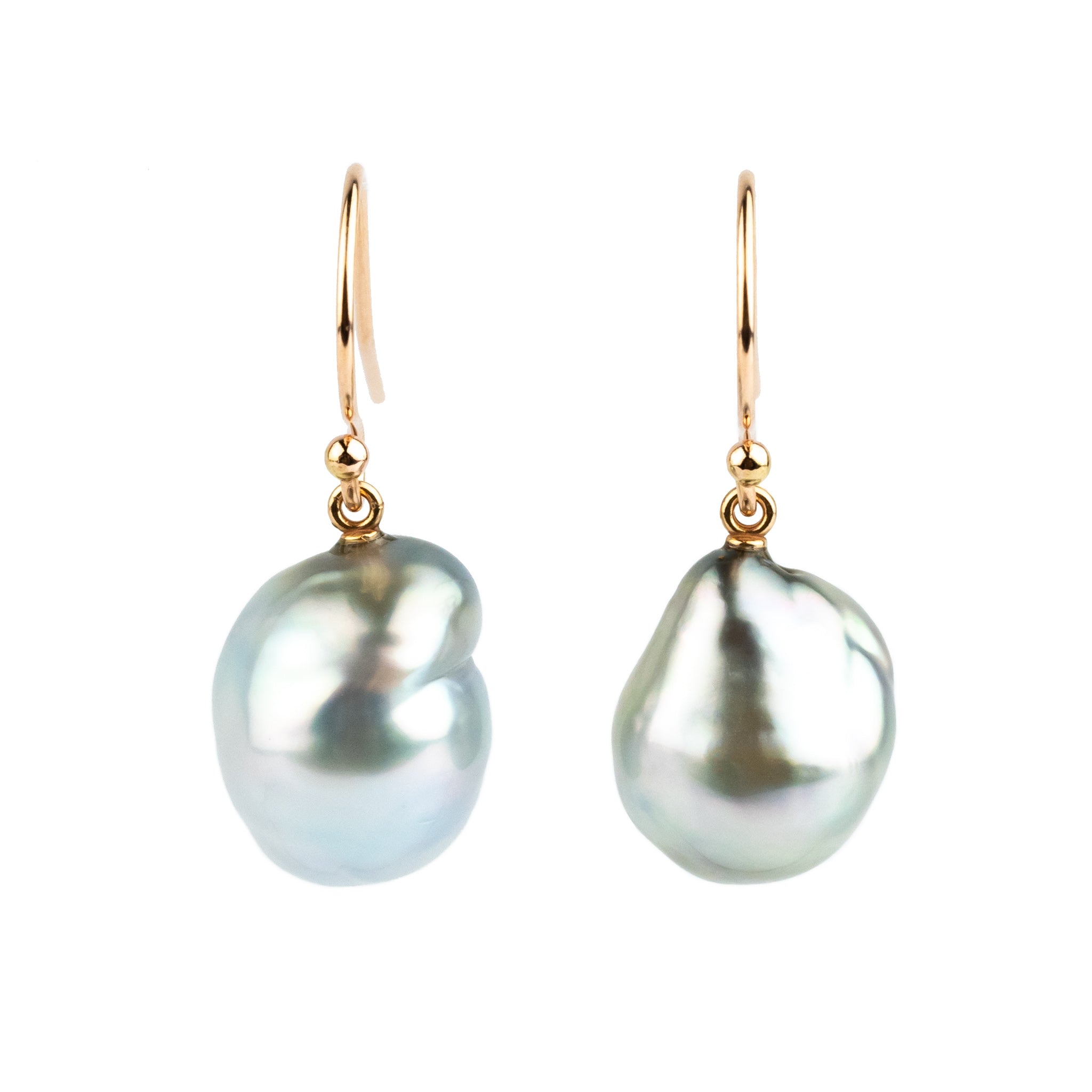 Silvery Pastel Baroque Tahitian Pearl Dangle Earrings on 14K Rose Gold