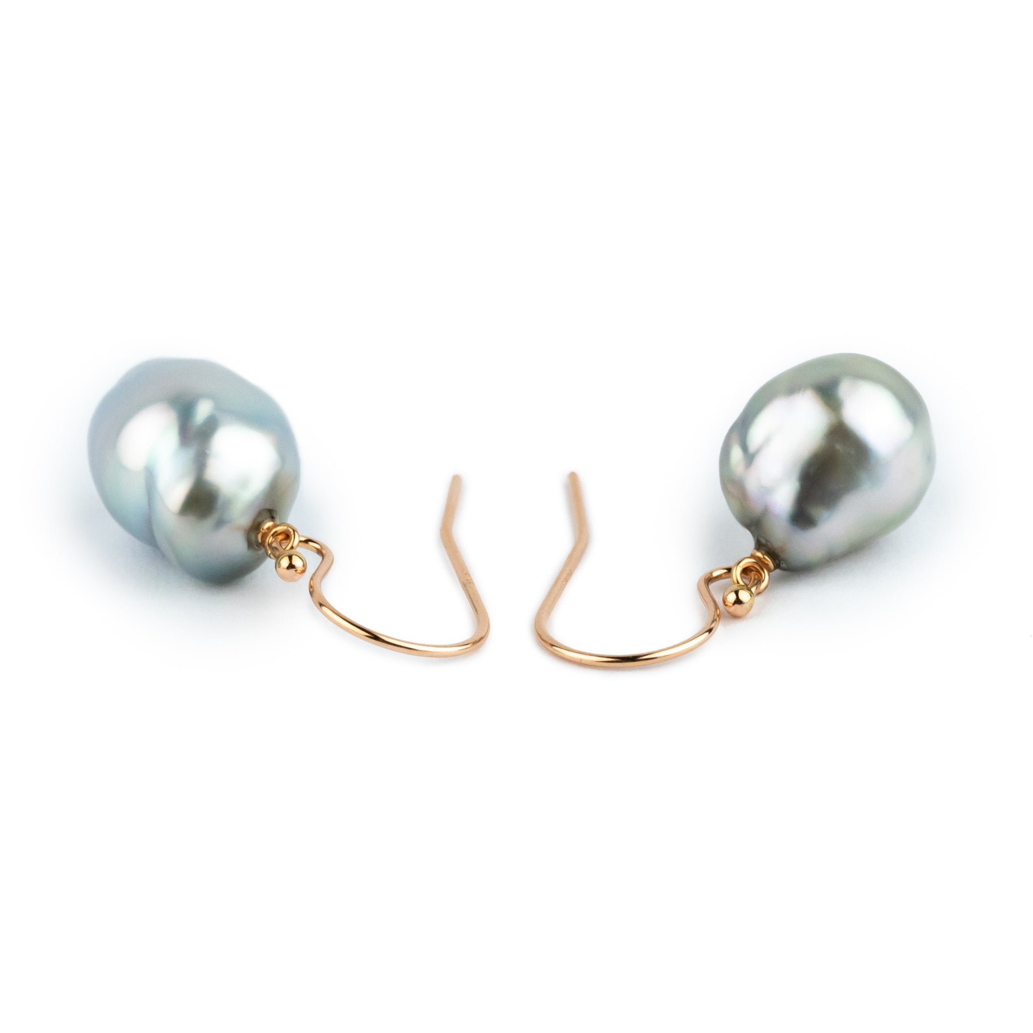 Silvery Pastel Baroque Tahitian Pearl Dangle Earrings on 14K Rose Gold