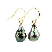Peacock Green Baroque Drop Tahitian Pearl Dangle Earrings on 14K Yellow Gold