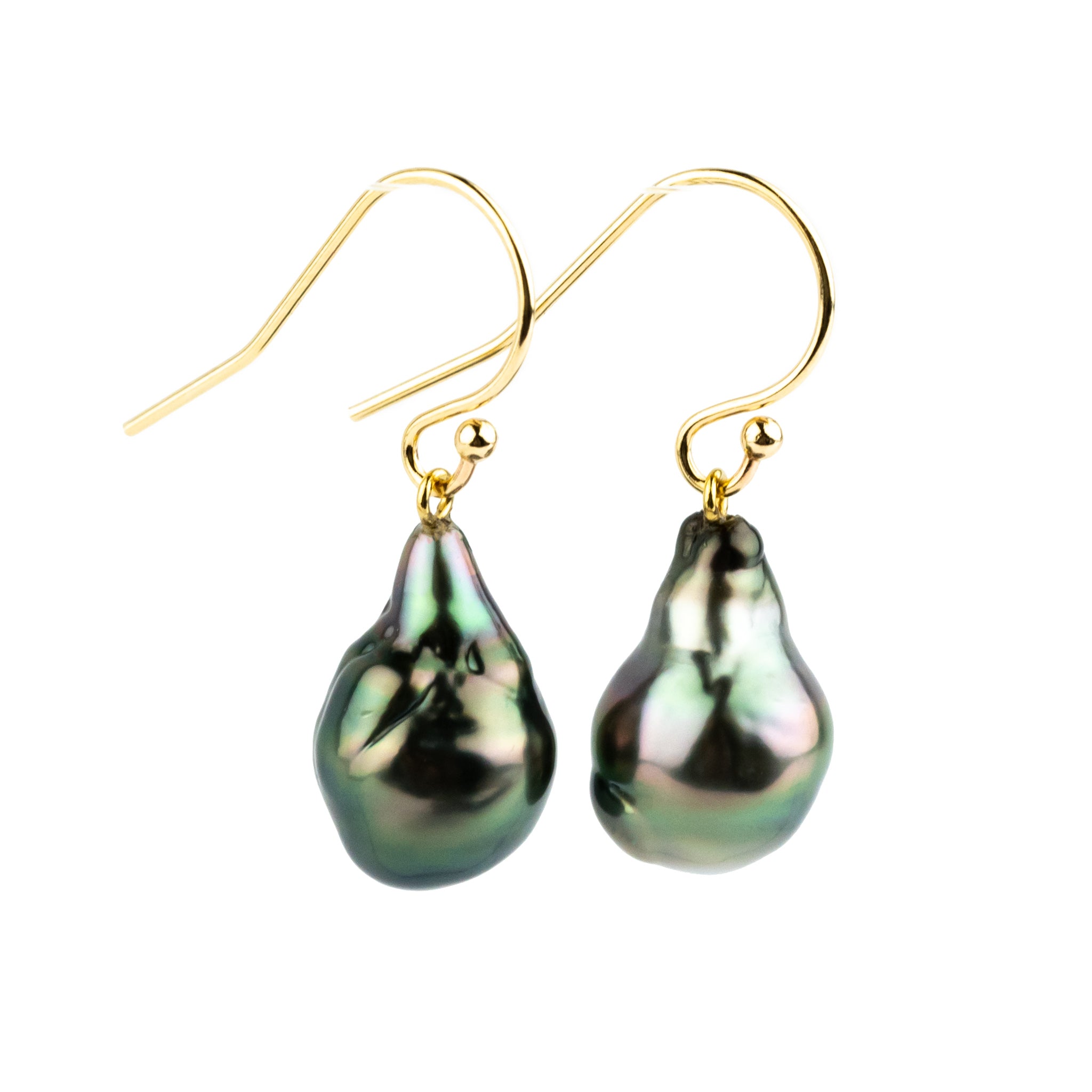 Peacock Green Baroque Drop Tahitian Pearl Dangle Earrings on 14K Yellow Gold