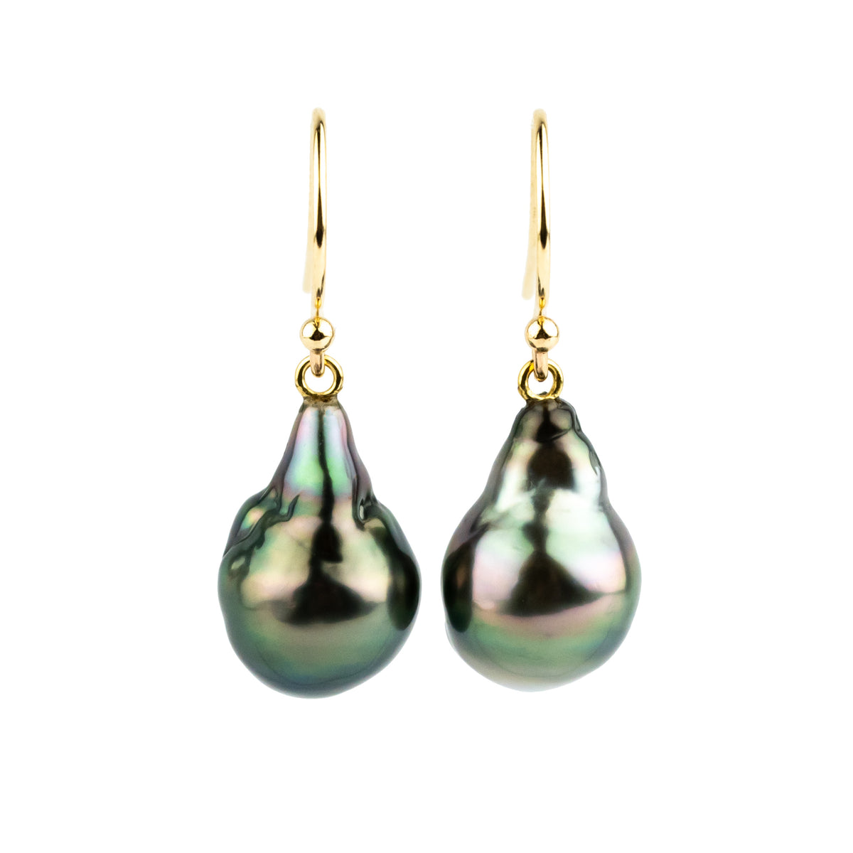 Peacock Green Baroque Drop Tahitian Pearl Dangle Earrings on 14K Yellow Gold