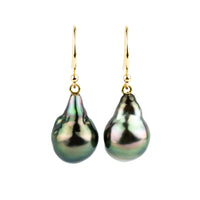 Peacock Green Baroque Drop Tahitian Pearl Dangle Earrings on 14K Yellow Gold