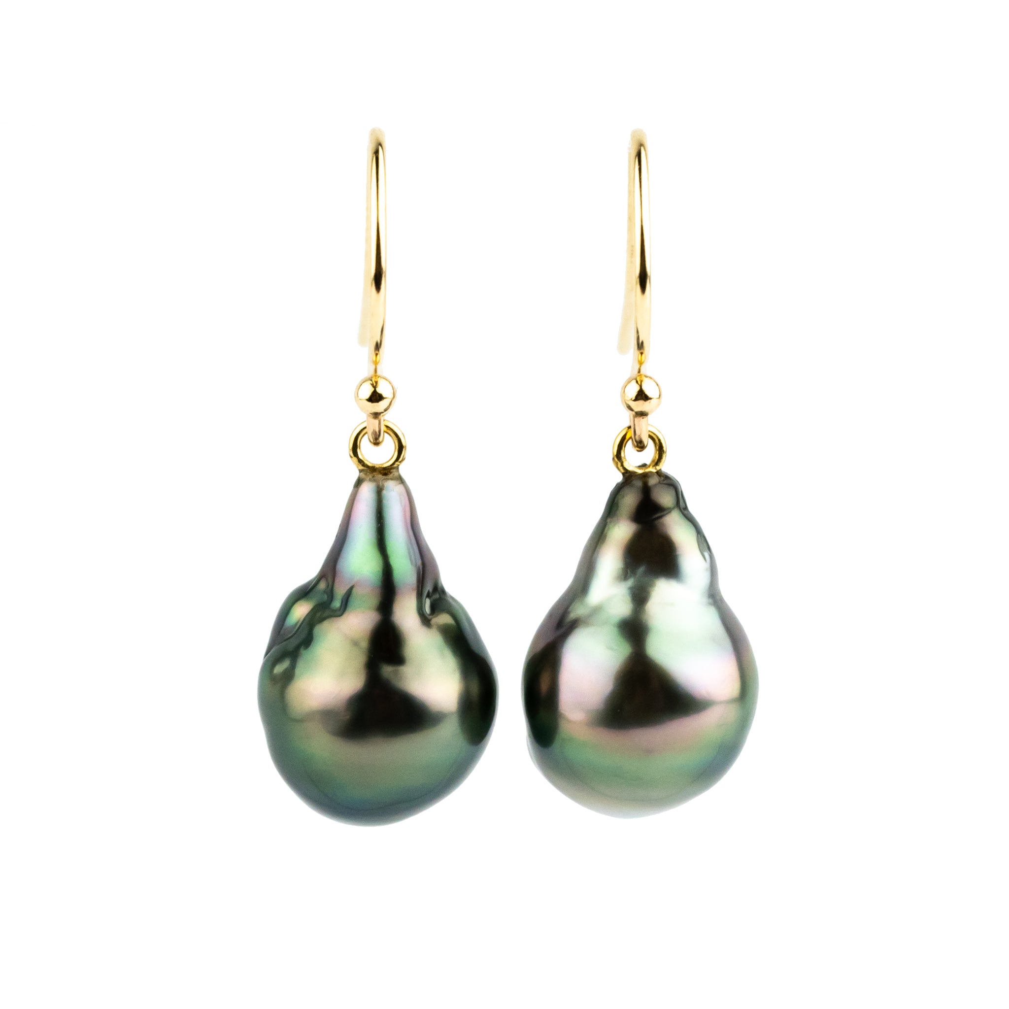 Peacock Green Baroque Drop Tahitian Pearl Dangle Earrings on 14K Yellow Gold