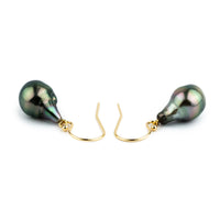 Peacock Green Baroque Drop Tahitian Pearl Dangle Earrings on 14K Yellow Gold
