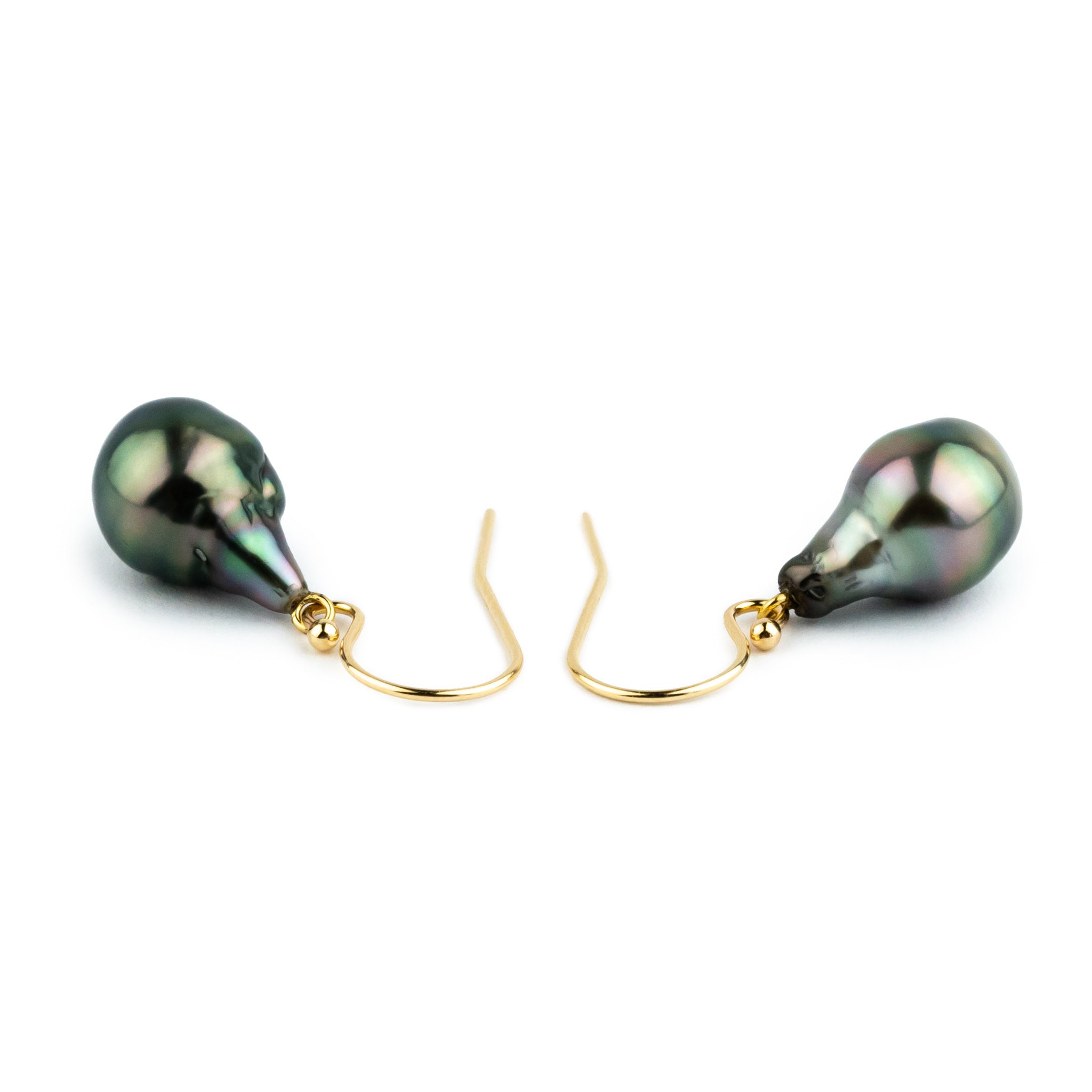 Peacock Green Baroque Drop Tahitian Pearl Dangle Earrings on 14K Yellow Gold