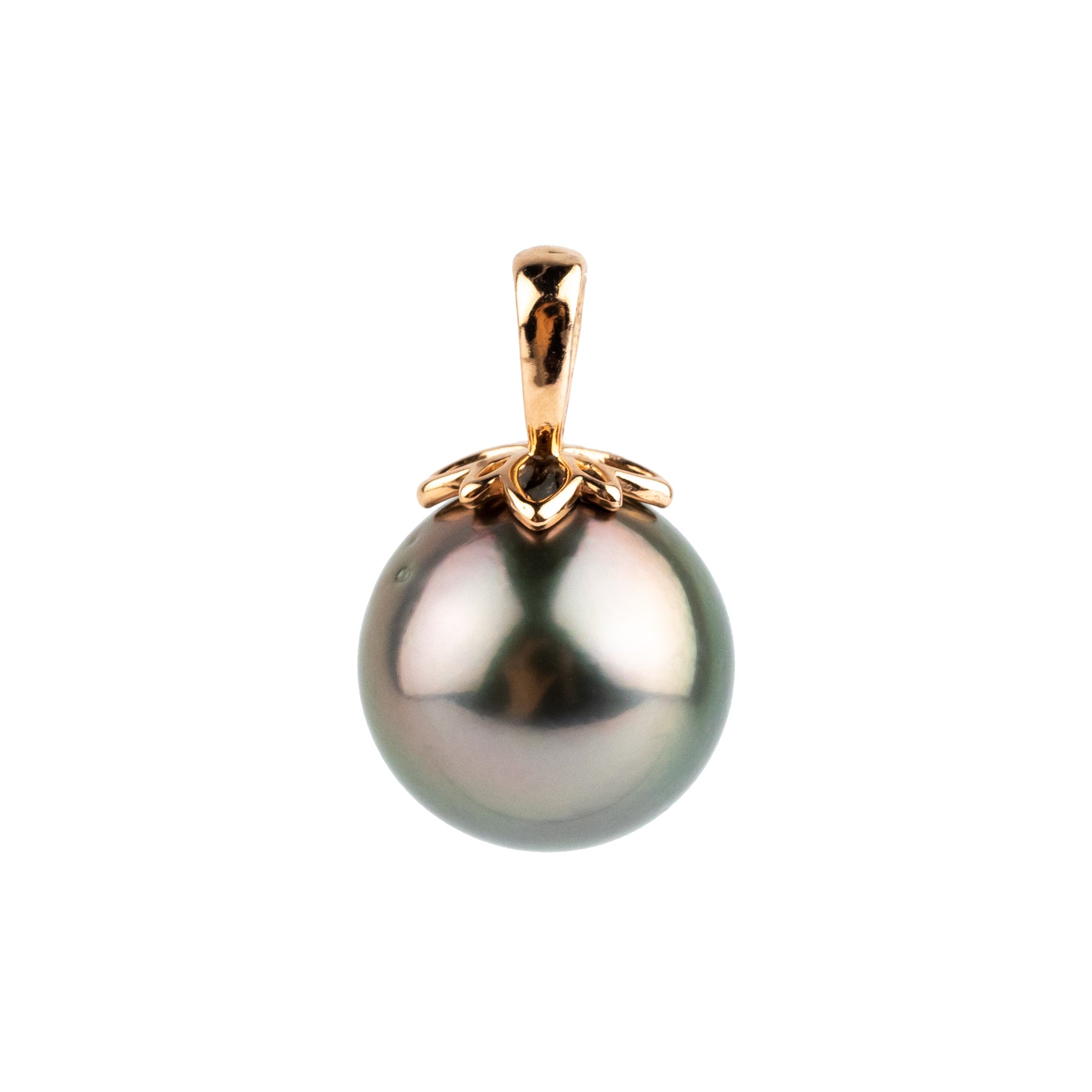 Pink Green 10mm Tahitian Pearl Marguerite Pendant on 14K Rose Gold