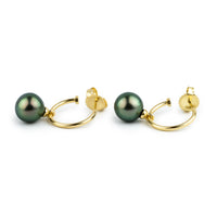 Peacock Green Tahitian Pearl Hoop Earrings on 14K Yellow Gold