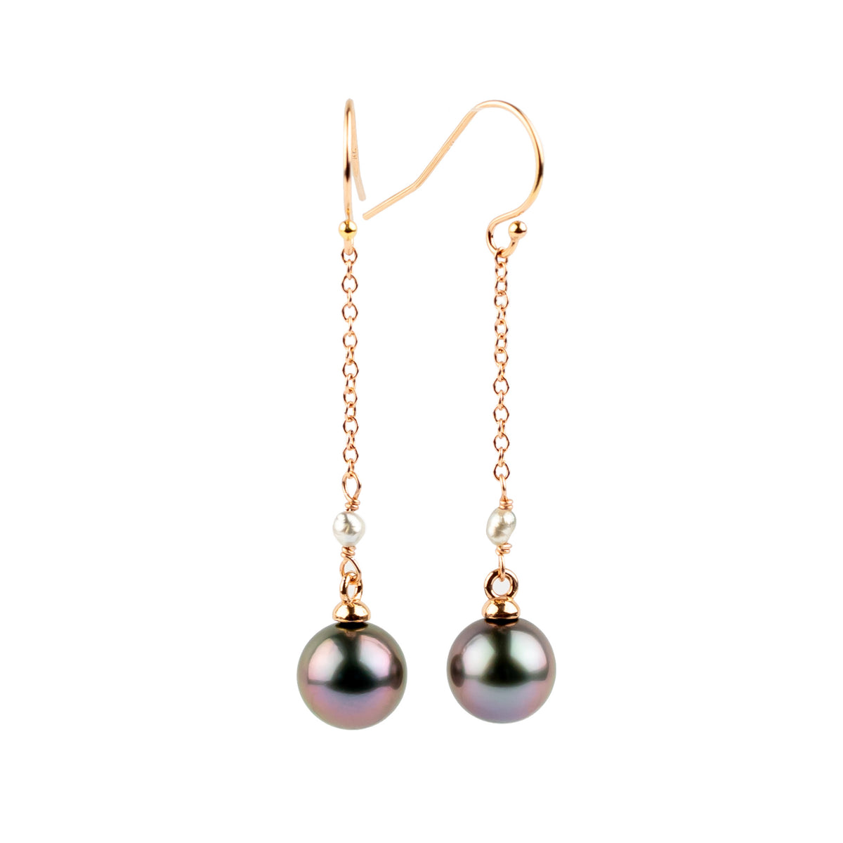 Fuchsia Blue Tahitian Pearl Poseidon Earrings on 14K Rose Gold