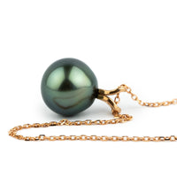 Indigo Green 9.5mm Tahitian Pearl I'a Necklace on 14K Rose Gold