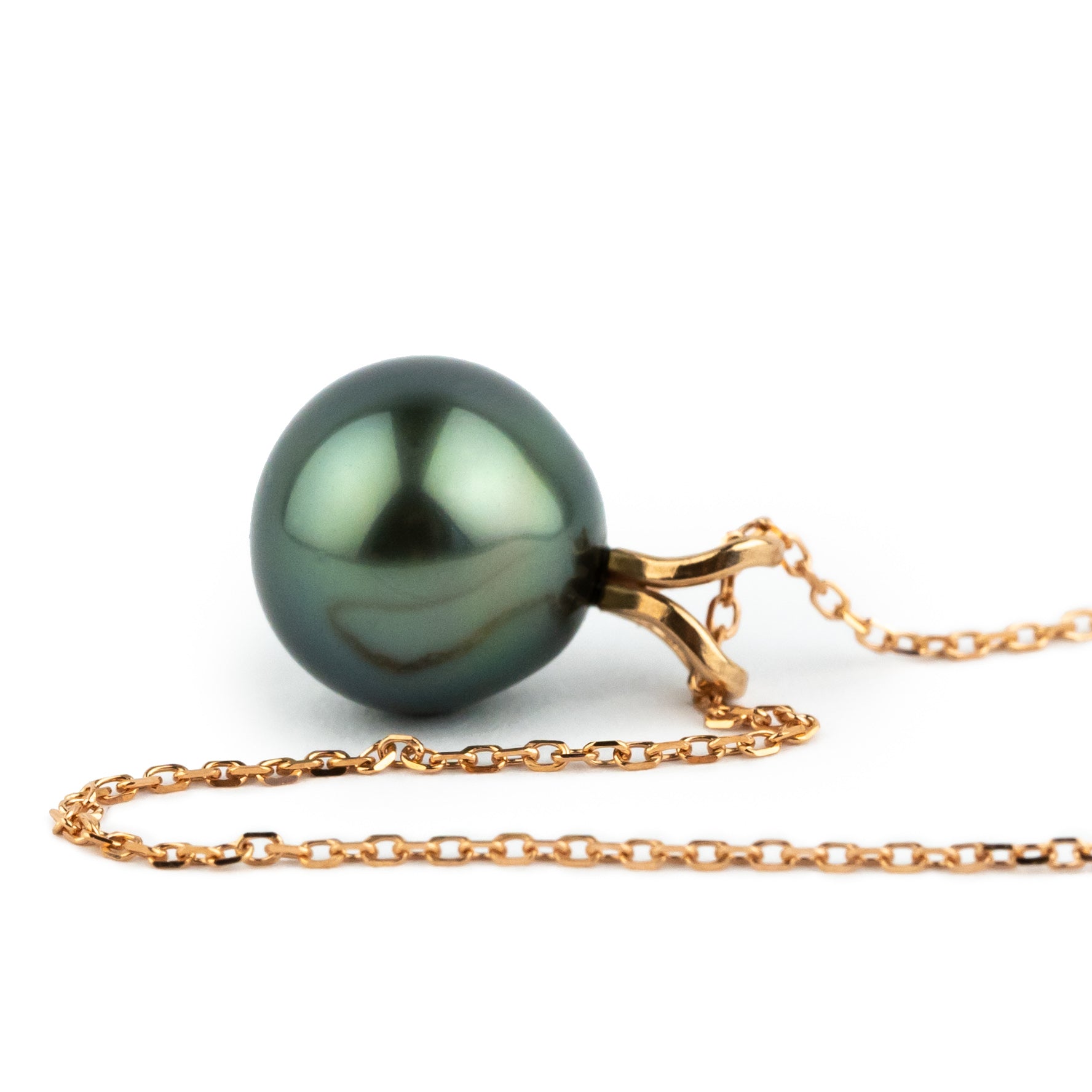 Indigo Green 9.5mm Tahitian Pearl I'a Necklace on 14K Rose Gold