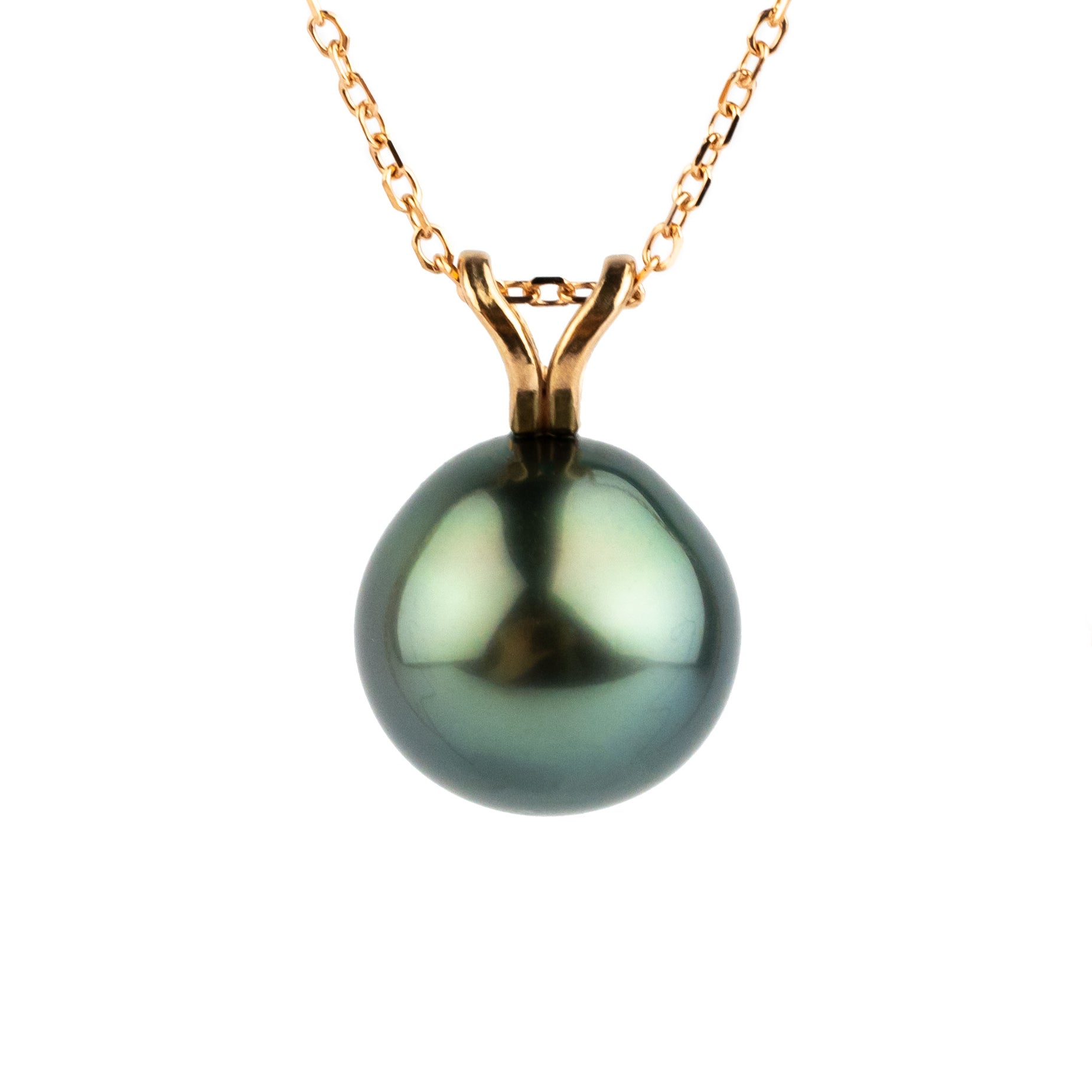 Indigo Green 9.5mm Tahitian Pearl I'a Necklace on 14K Rose Gold
