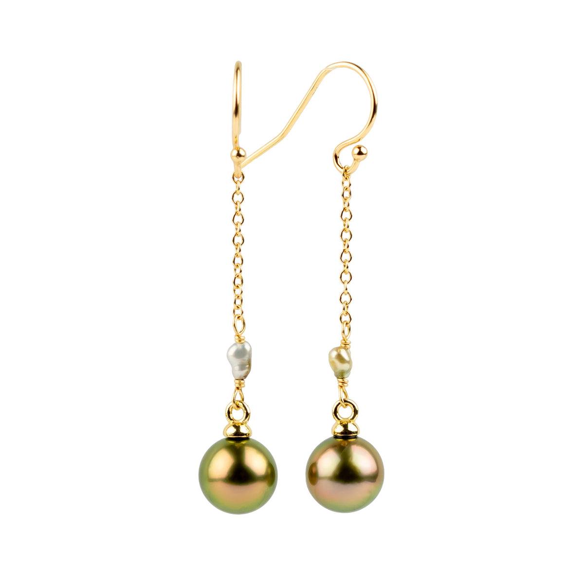 Golden Pink Sunrise Tahitian Pearl Poseidon Earrings on 14K Yellow Gold