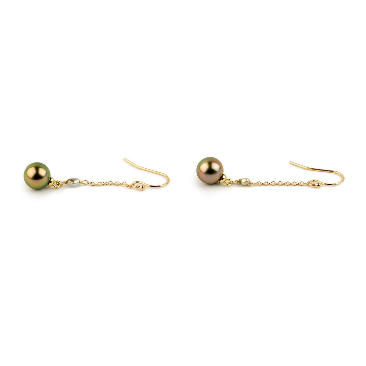 Golden Pink Sunrise Tahitian Pearl Poseidon Earrings on 14K Yellow Gold