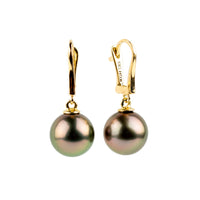 Golden Pink 10mm Tahitian Pearl Lever Back Earrings on 14K Yellow Gold