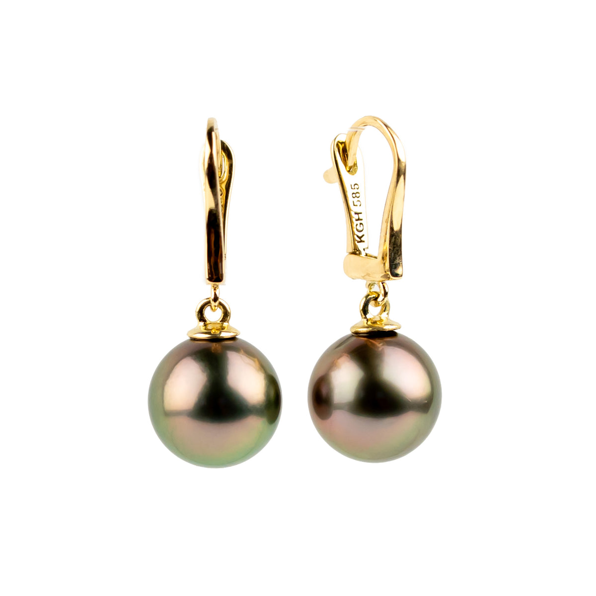 Golden Pink 10mm Tahitian Pearl Lever Back Earrings on 14K Yellow Gold