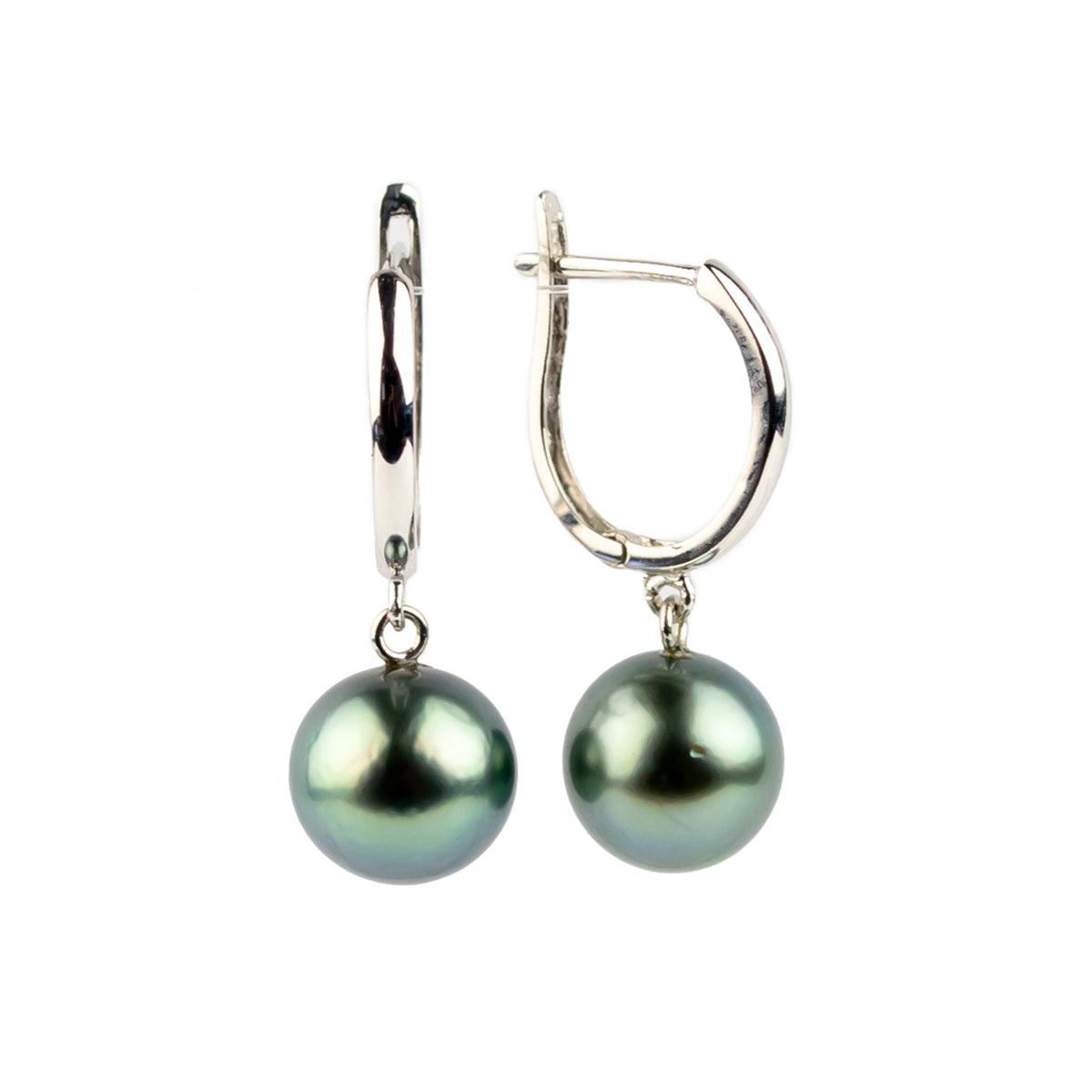 Sea Green 8.4mm Tahitian Pearl U-Hoop Earrings on 14K White Gold