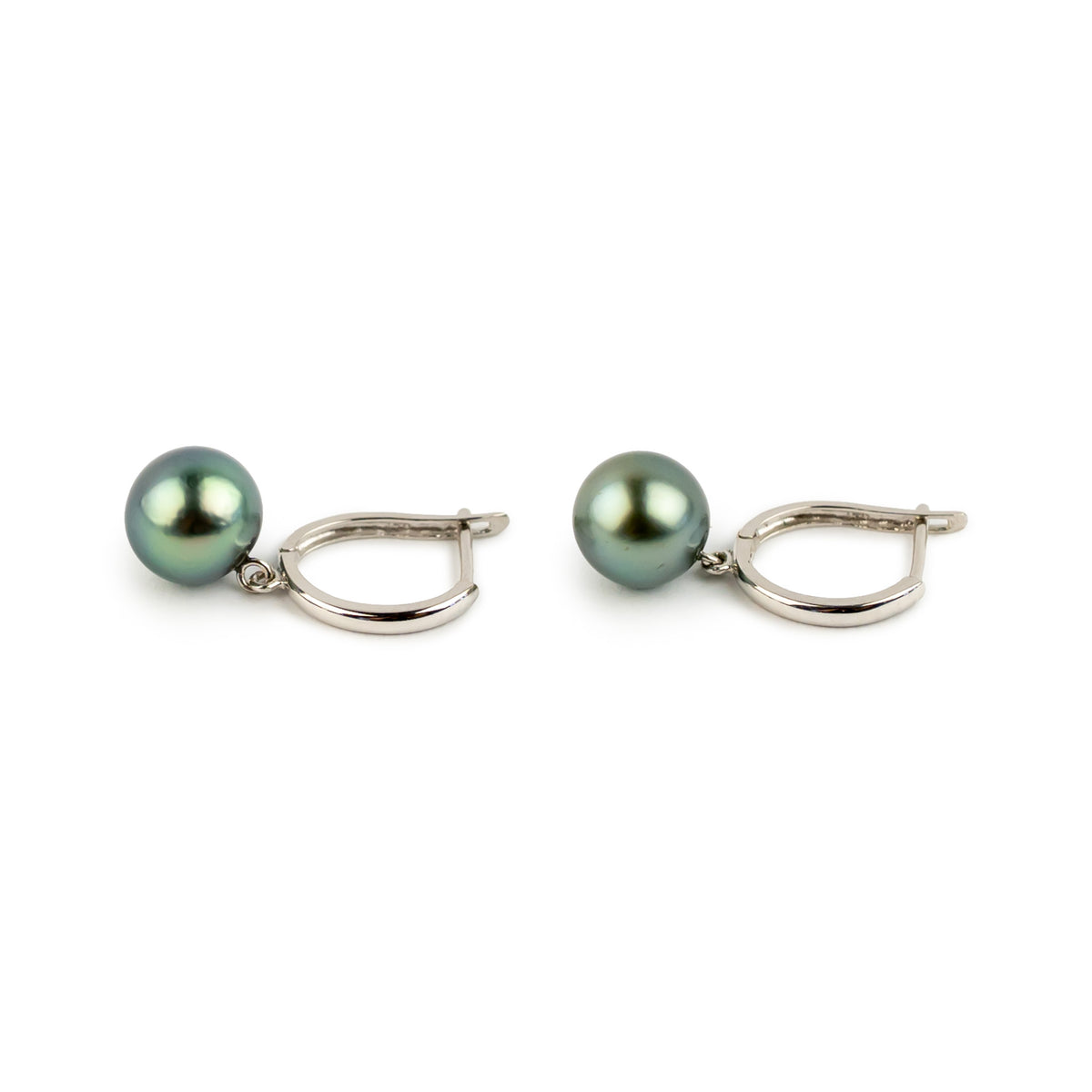 Sea Green 8.4mm Tahitian Pearl U-Hoop Earrings on 14K White Gold