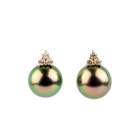 Vivid Red Green Tahitian Pearl & Diamond Toru Earrings on 14K Yellow Gold