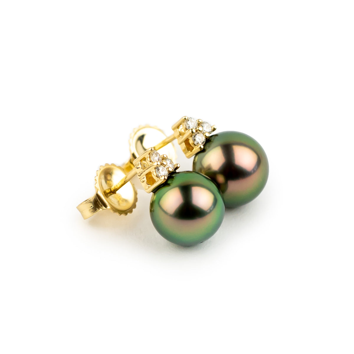 Vivid Red Green Tahitian Pearl & Diamond Toru Earrings on 14K Yellow Gold
