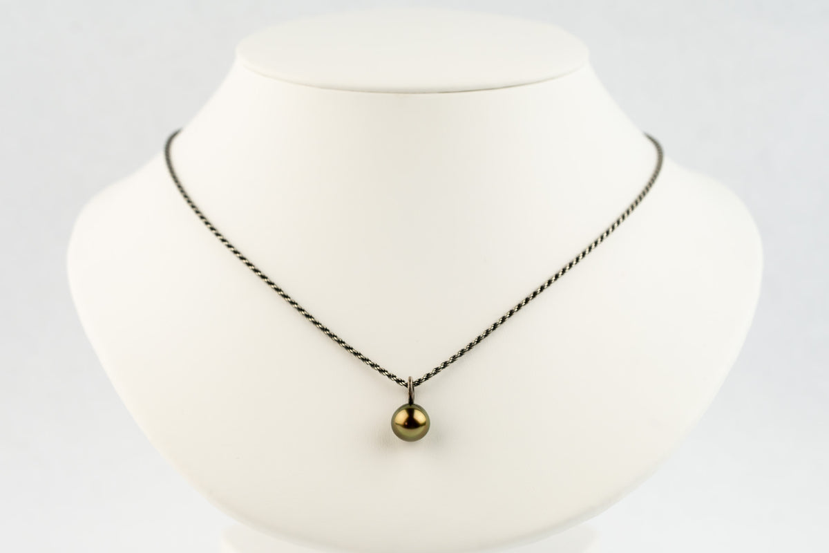 Coppery Green 10.9mm Tahitian Pearl Argent Necklace on Sterling Silver