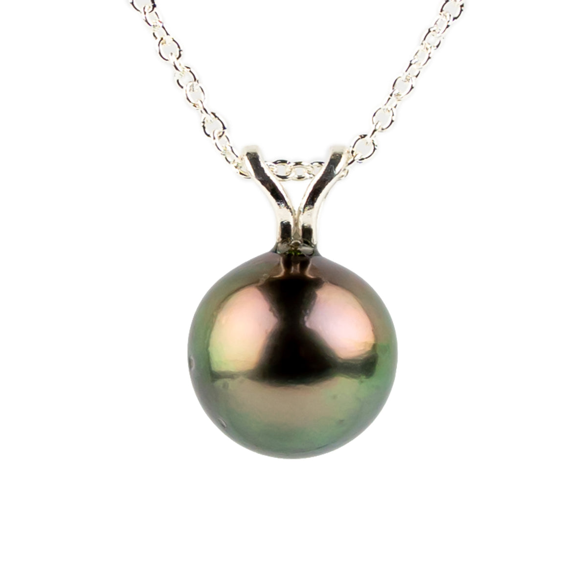 Rainforest Green 9mm Tahitian Pearl I'a Necklace on Sterling Silver