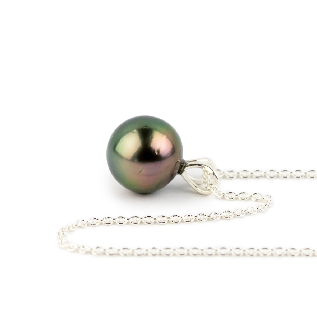 Rainforest Green 9mm Tahitian Pearl I'a Necklace on Sterling Silver