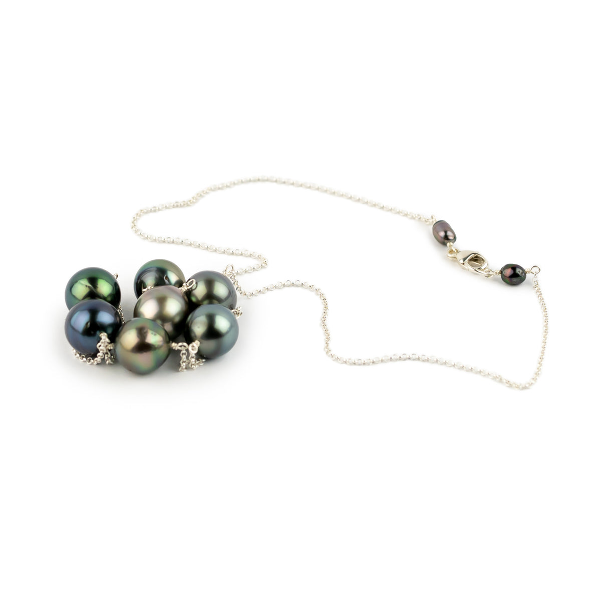 Royal Blue-Green Tin-Cup Tahitian Pearl Necklace on Sterling Silver