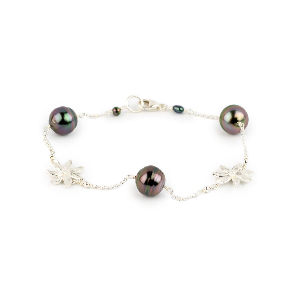 Fuchsia Green Tiaré Tahitian Pearl Tin Cup Bracelet on Sterling Silver