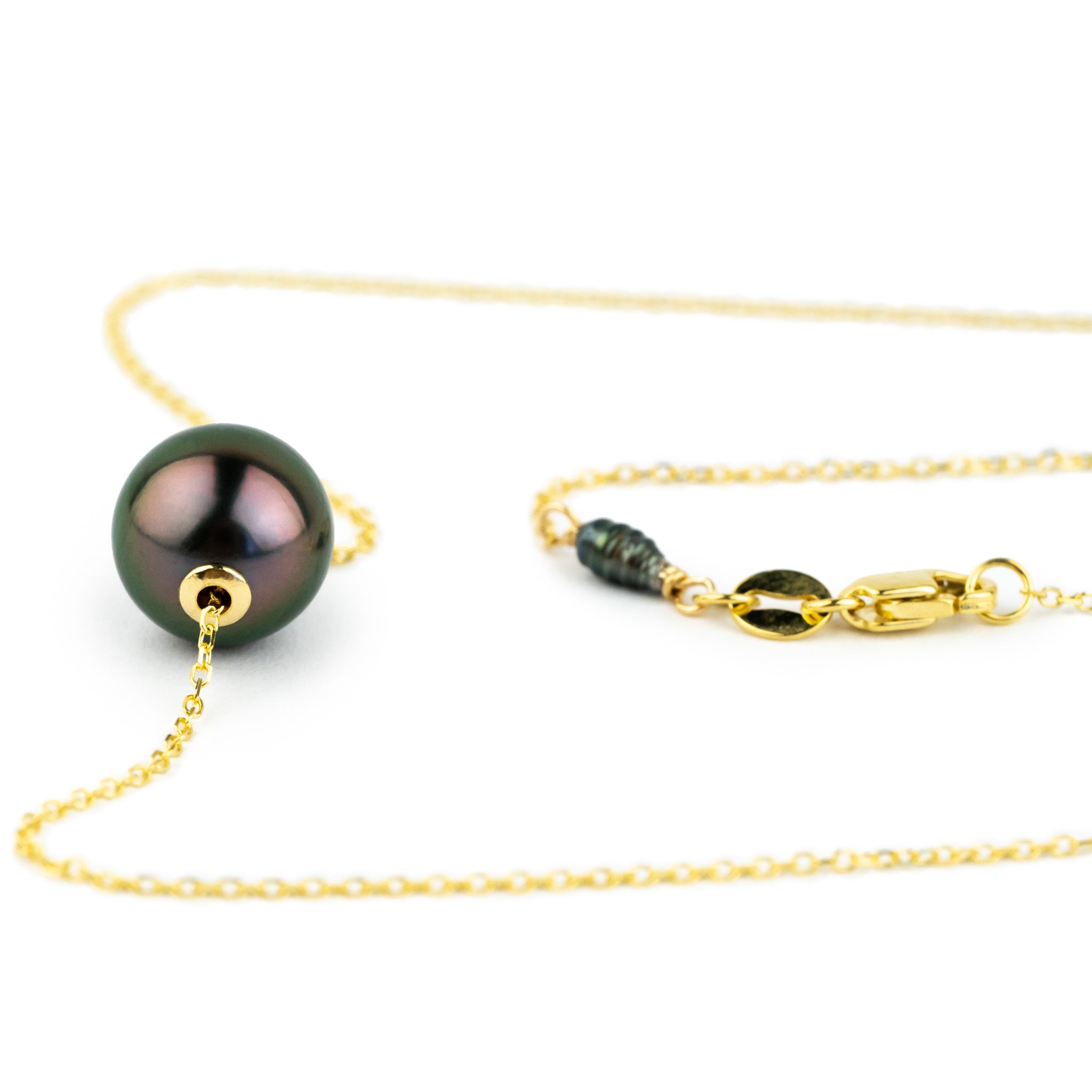 Flashy Aubergine Green 9.2mm Pearl Solitaire Necklace on 14K