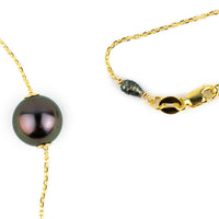 Flashy Aubergine Green 9.2mm Pearl Solitaire Necklace on 14K Yellow Gold