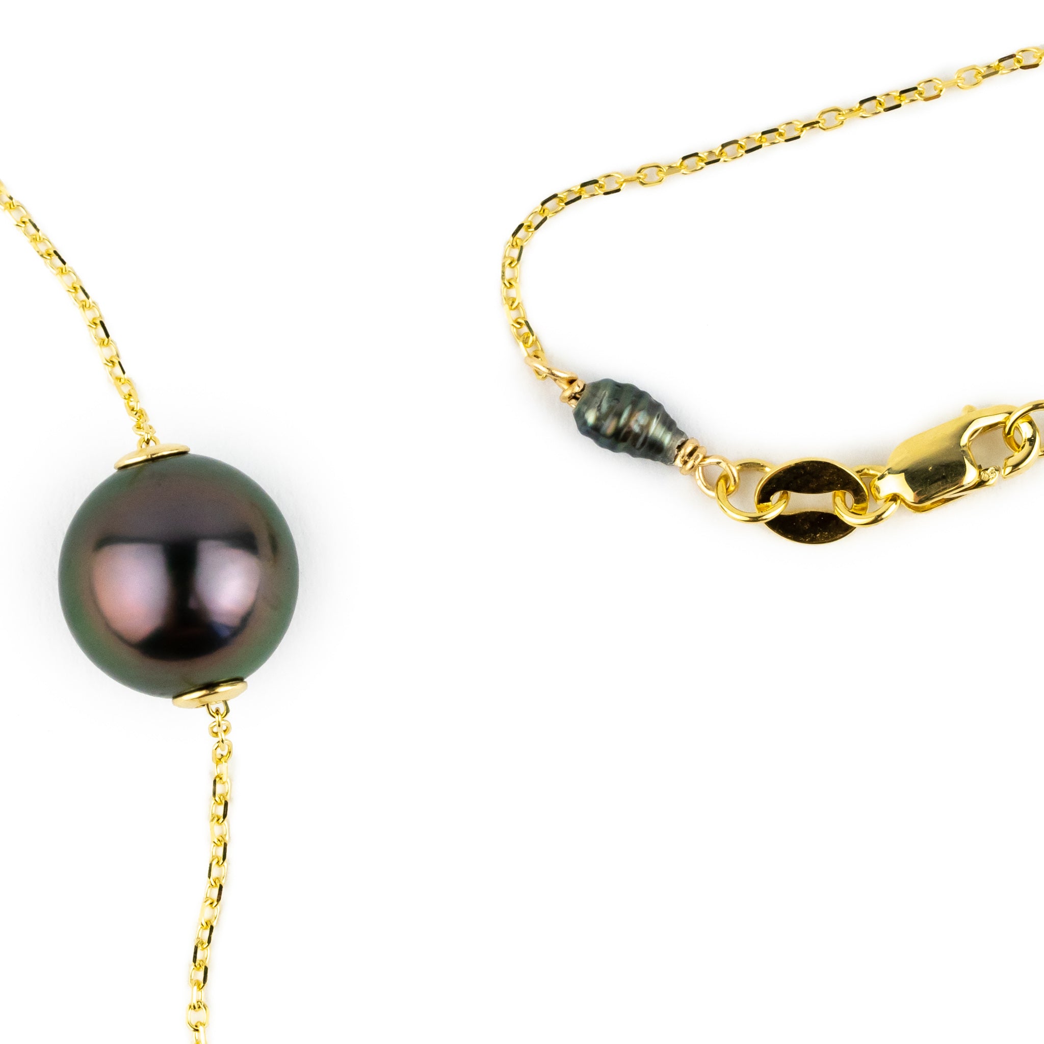 Flashy Aubergine Green 9.2mm Pearl Solitaire Necklace on 14K Yellow Gold