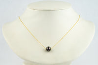 Flashy Aubergine Green 9.2mm Pearl Solitaire Necklace on 14K Yellow Gold