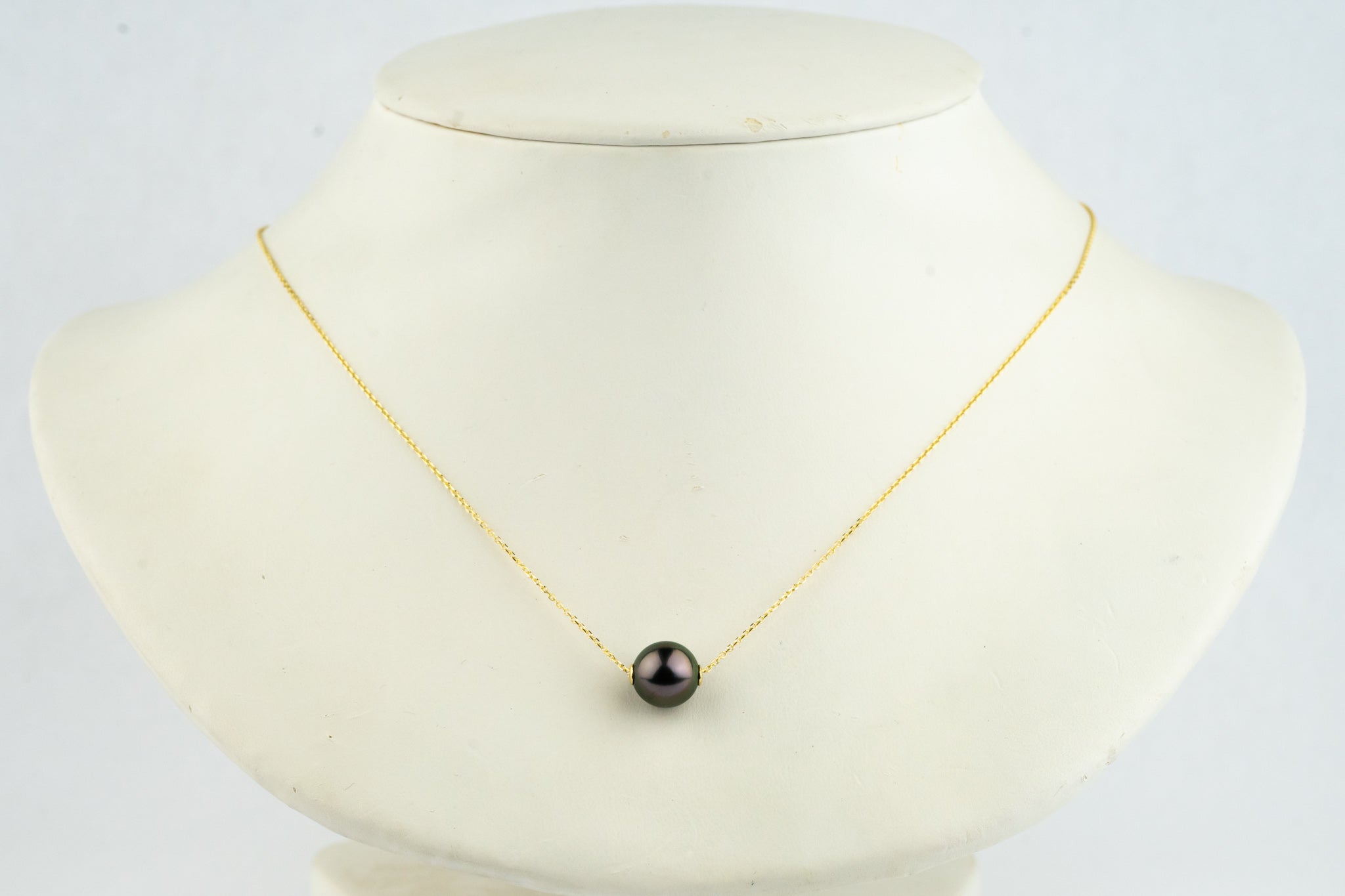 Flashy Aubergine Green 9.2mm Pearl Solitaire Necklace on 14K Yellow Gold