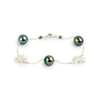 Flashy Blue Pink Tiaré Tahitian Pearl Tin Cup Bracelet on Sterling Silver