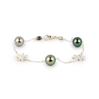 Blue Green Tiaré Tahitian Pearl Tin Cup Bracelet on Sterling Silver