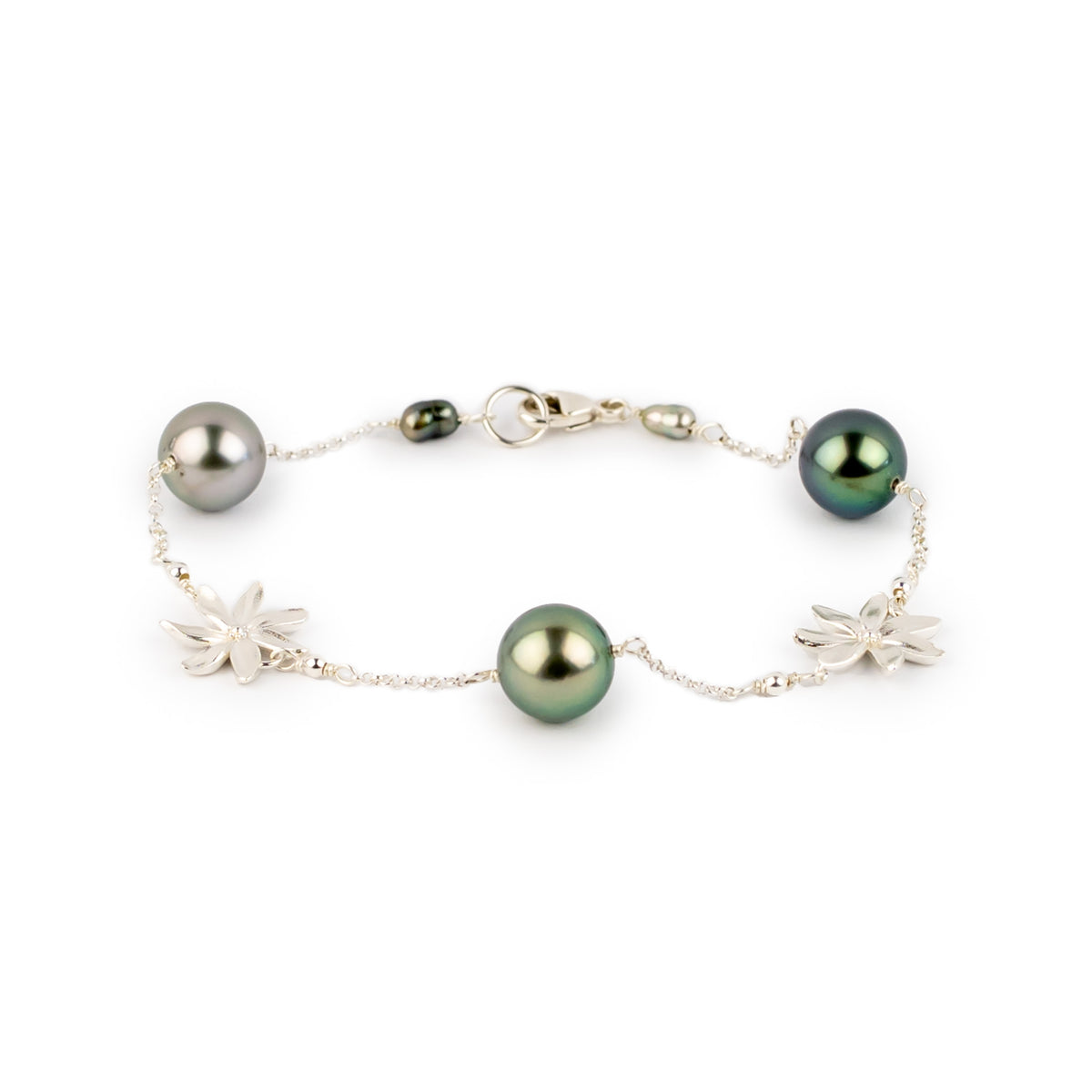 Blue Green Tiaré Tahitian Pearl Tin Cup Bracelet on Sterling Silver