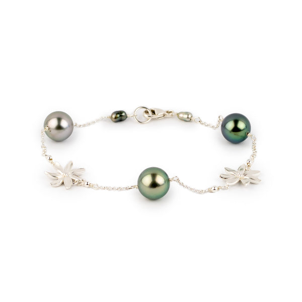 Blue Green Tiaré Tahitian Pearl Tin Cup Bracelet on Sterling Silver