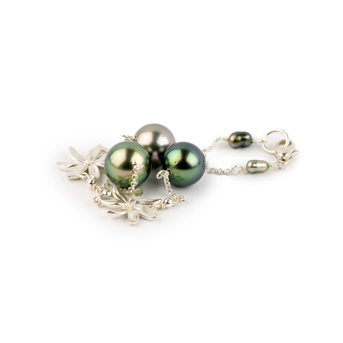 Blue Green Tiaré Tahitian Pearl Tin Cup Bracelet on Sterling Silver