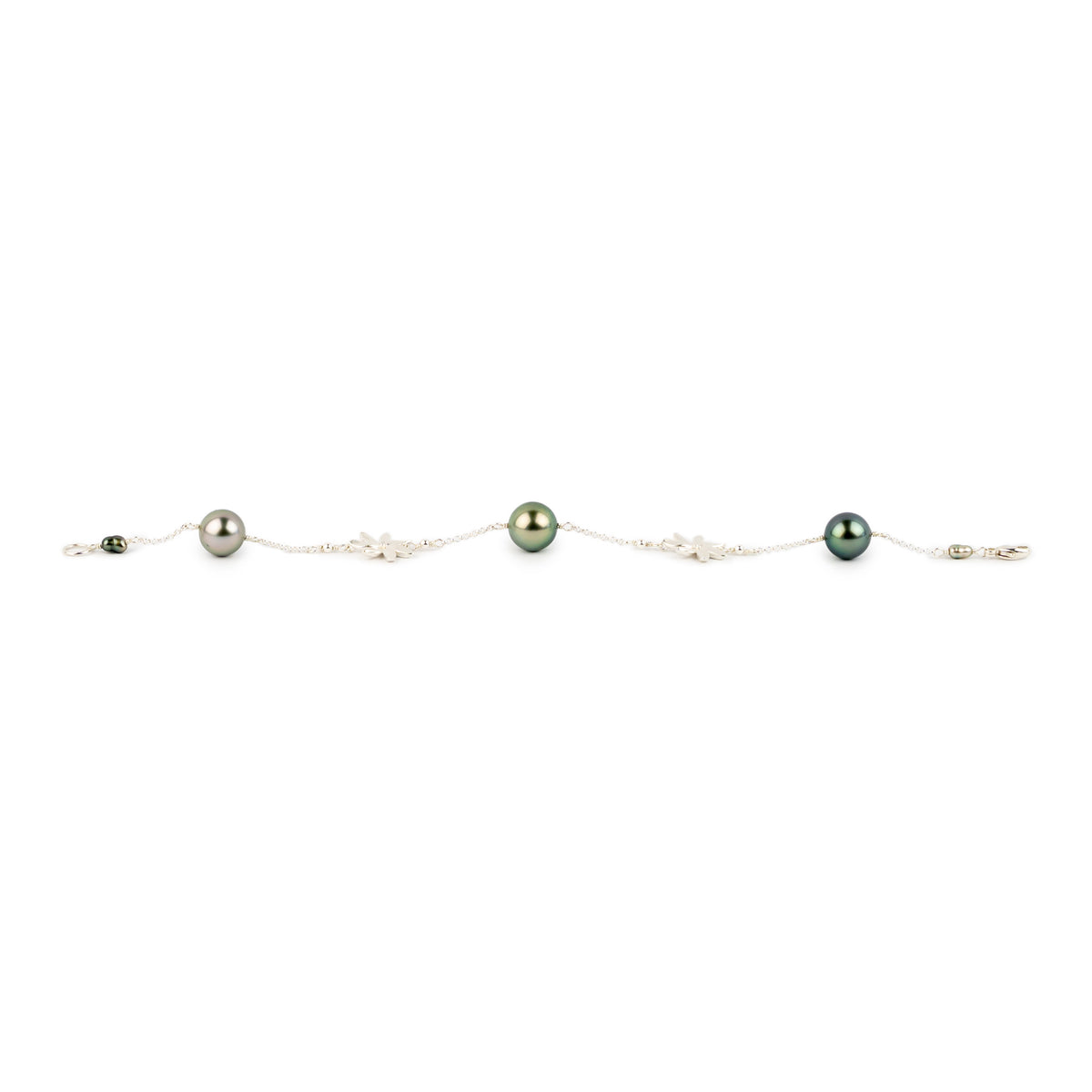 Blue Green Tiaré Tahitian Pearl Tin Cup Bracelet on Sterling Silver