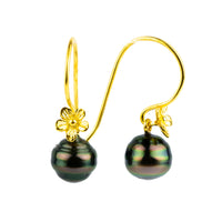 Aubergine Peacock Circled Tahitian Pearl Hibiscus Hook Earrings