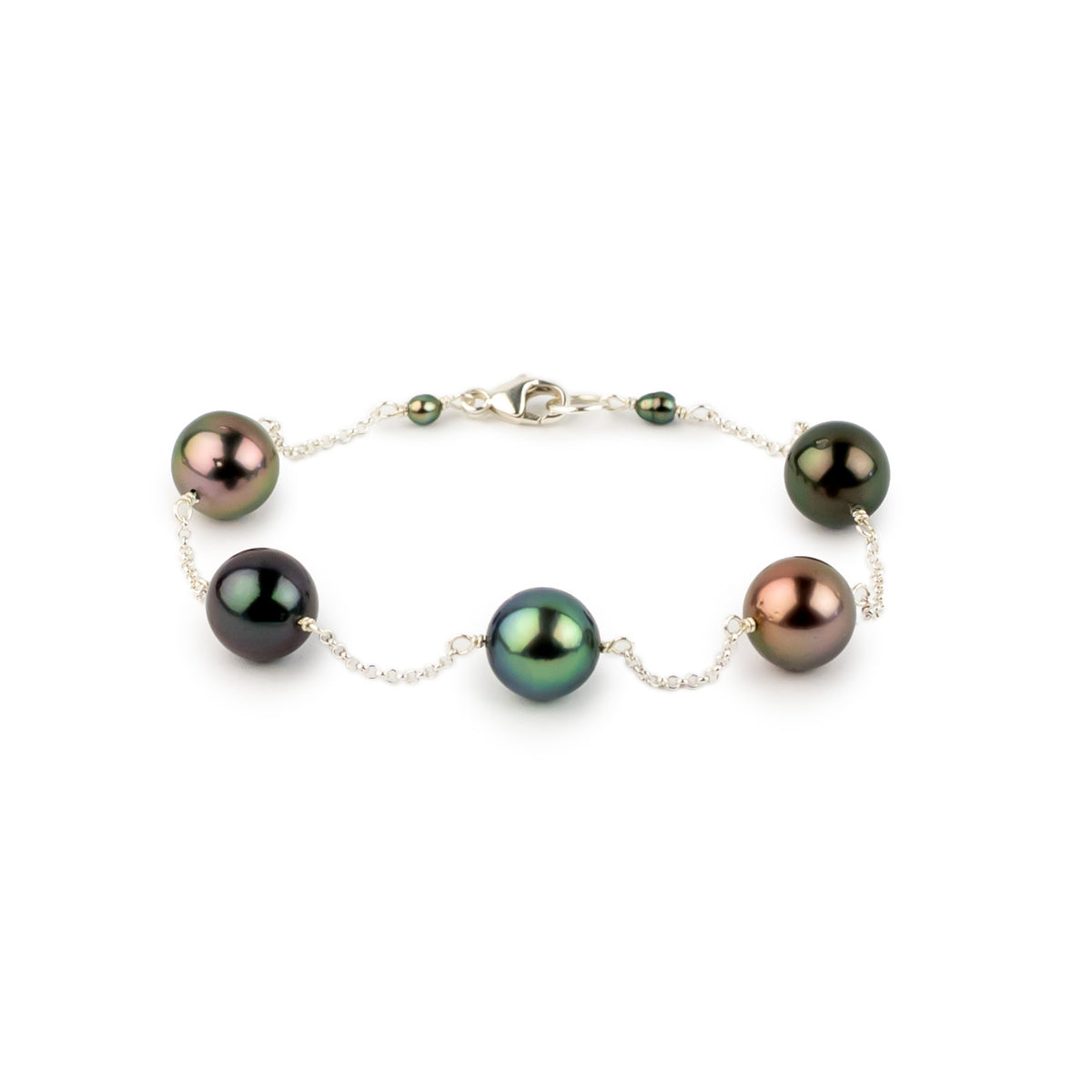 Flashy Multicolorful Tahitian Pearl Tin Cup Bracelet on Sterling Silver