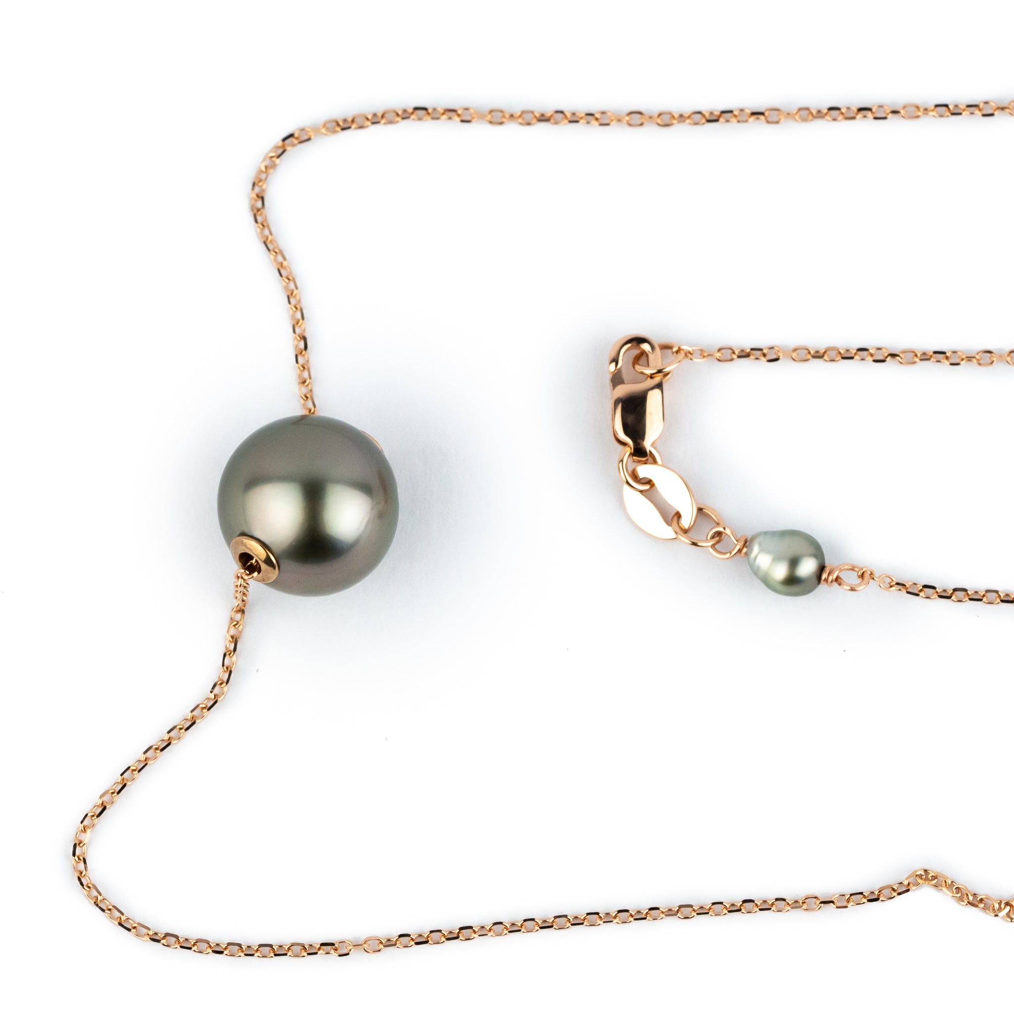 Pink Green 9.4mm Pearl Solitaire Necklace on 14K Rose Gold