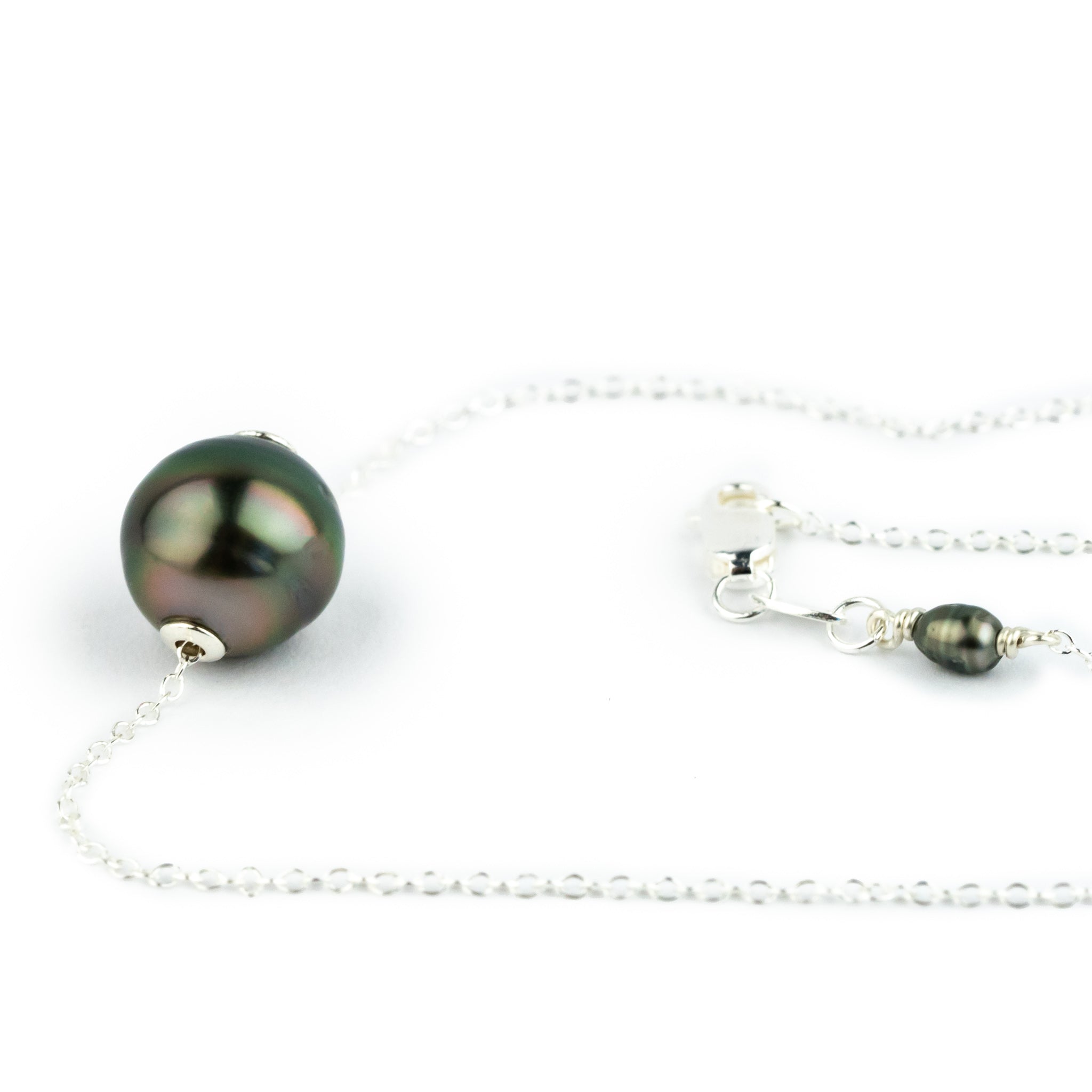 Pink Green Circled 9.8mm Tahitian Pearl Solitaire Necklace on Sterling Silver