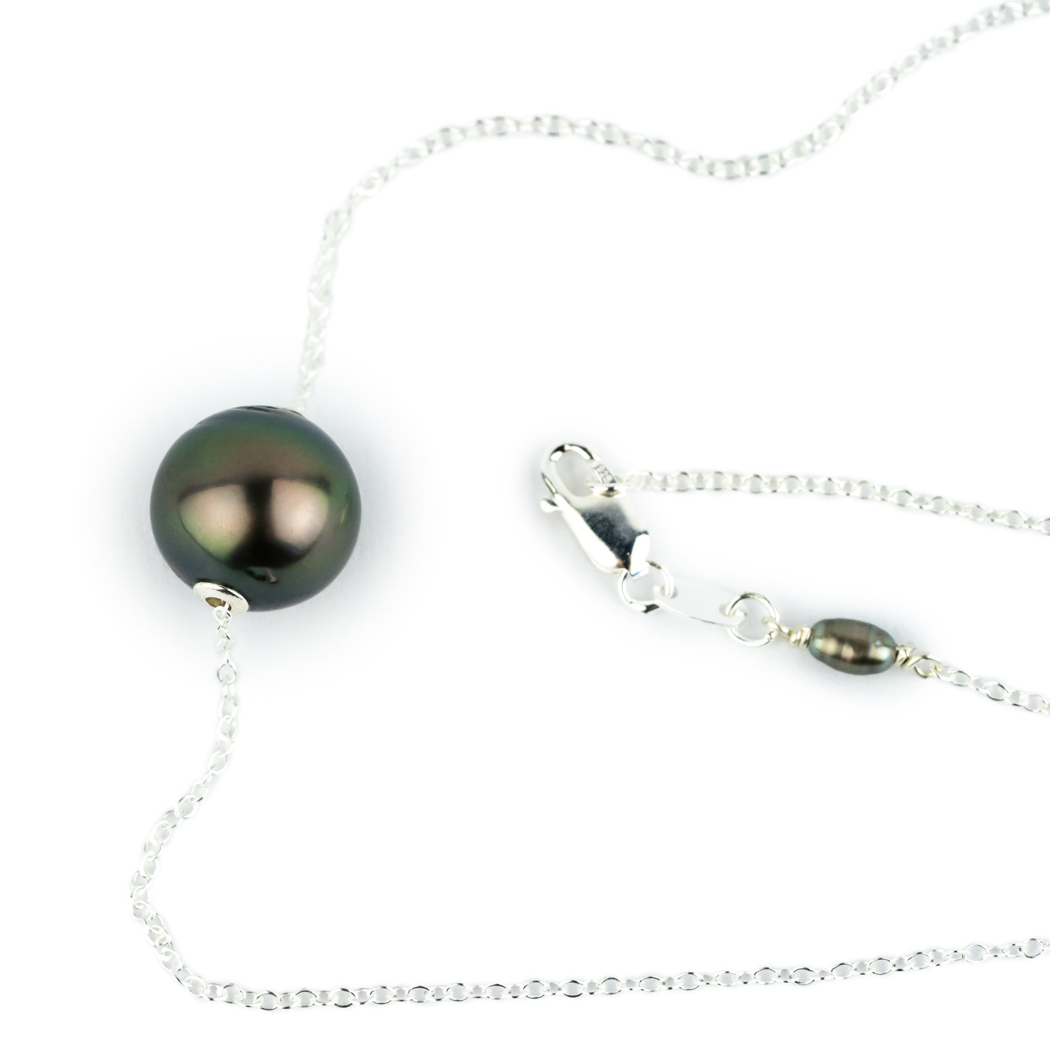 Deep Peacock Green 10.4mm Tahitian Pearl Solitaire Necklace on Sterling Silver