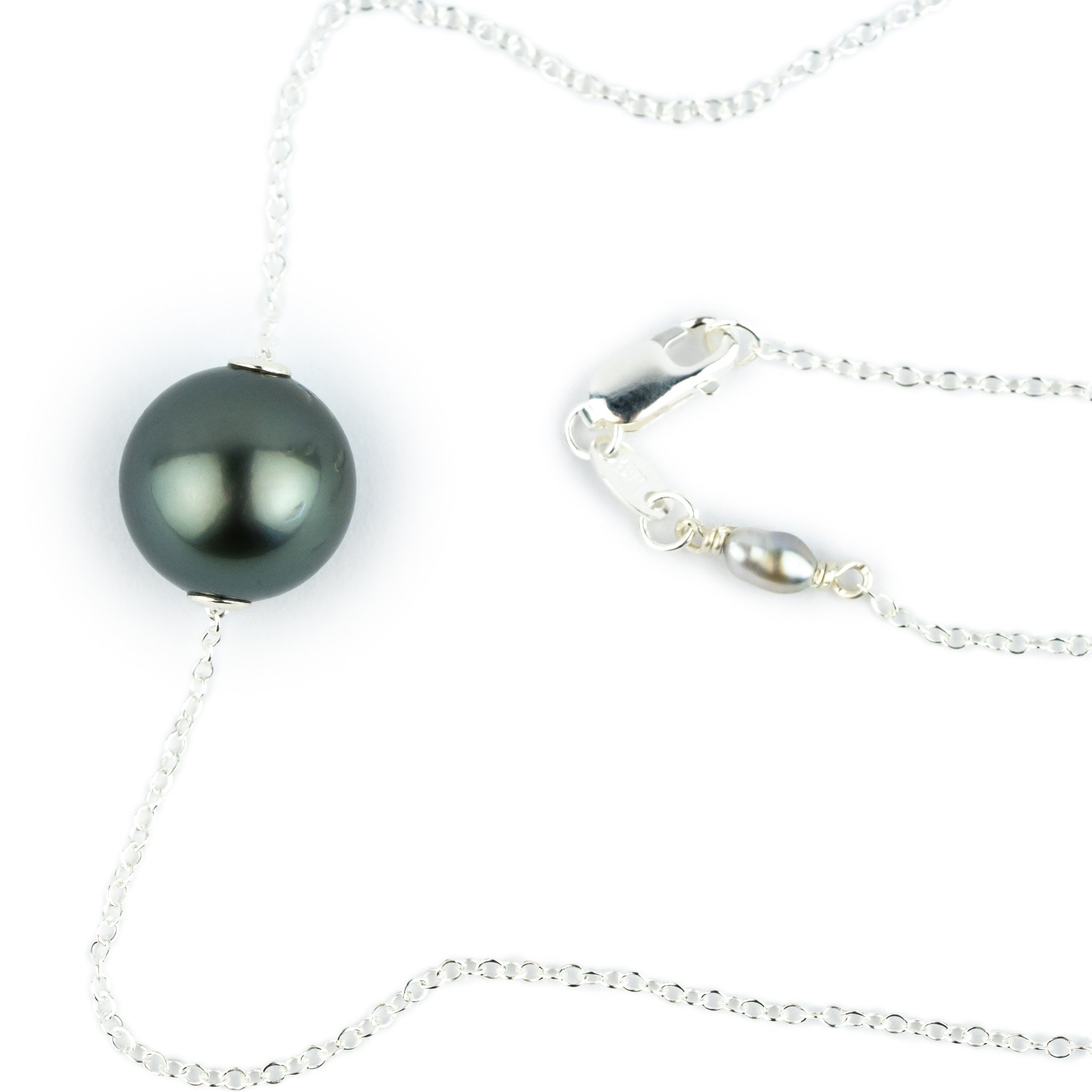 Stormy Blue Green 10.7mm Tahitian Pearl Solitaire Necklace on Sterling Silver