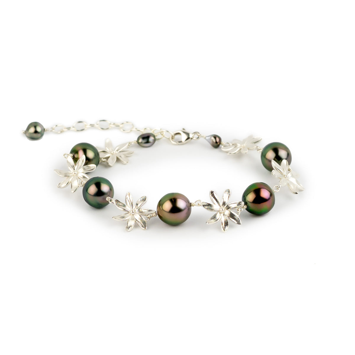 Vibrant Pink Green Tiaré Sterling Silver Tahitian Pearl Bracelet