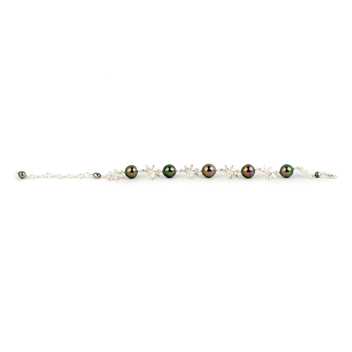Vibrant Pink Green Tiaré Sterling Silver Tahitian Pearl Bracelet