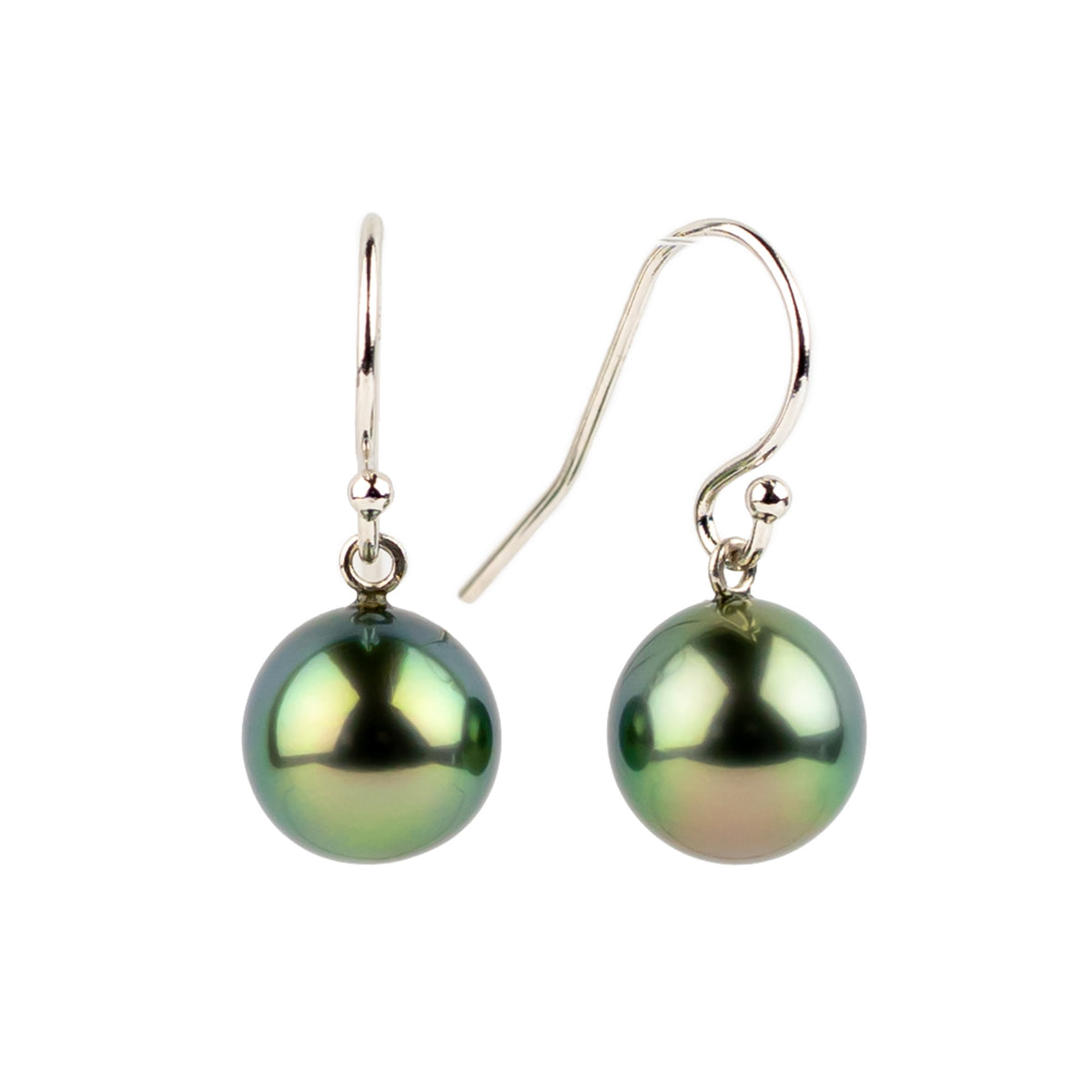 Electric Peacock Drop Tahitian Pearl Dangle Earrings on 14K White Gold