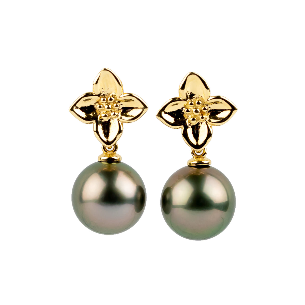 Rosy Pink Green 10.8mm Tahitian Pearl Plumeria Dangle Earrings