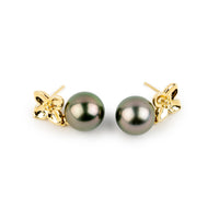 Rosy Pink Green 10.8mm Tahitian Pearl Plumeria Dangle Earrings